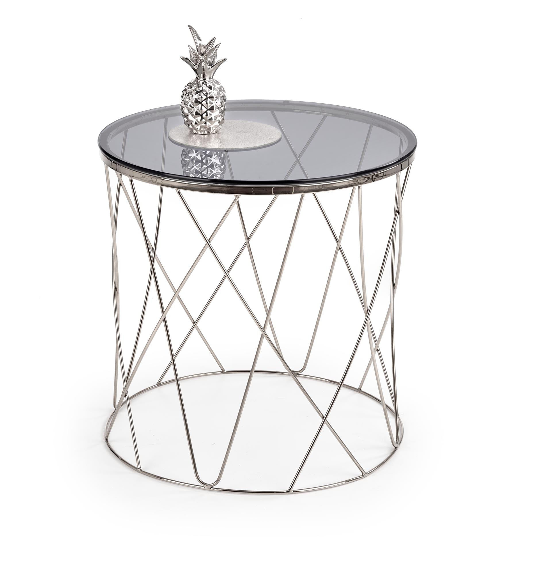 Szklana okrągła ława SELENA z chromowanym stelażem – widok z przodu.