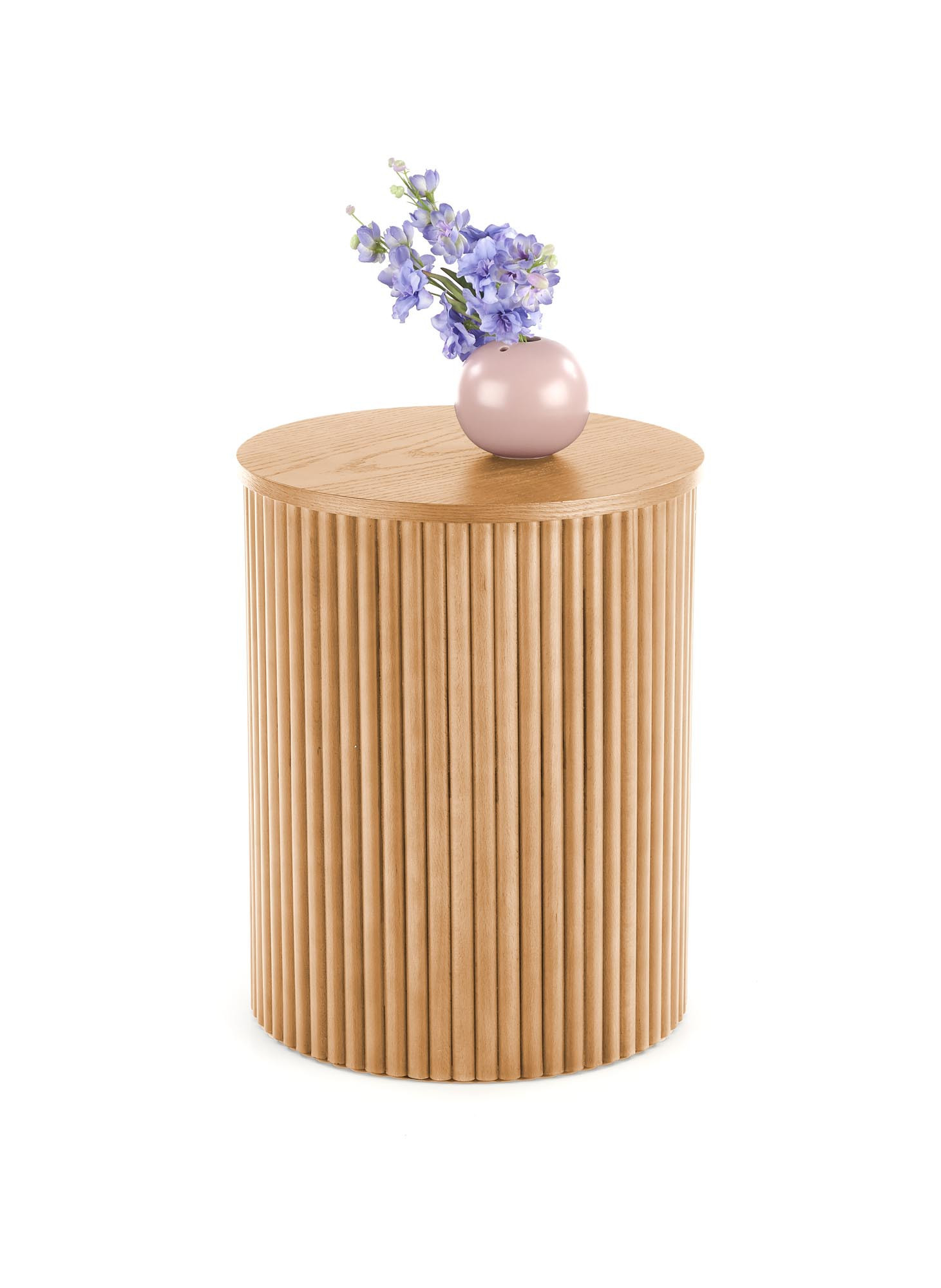 Okrągła ława WOODY S w kolorze naturalnym z minimalistycznym designem – widok z przodu.