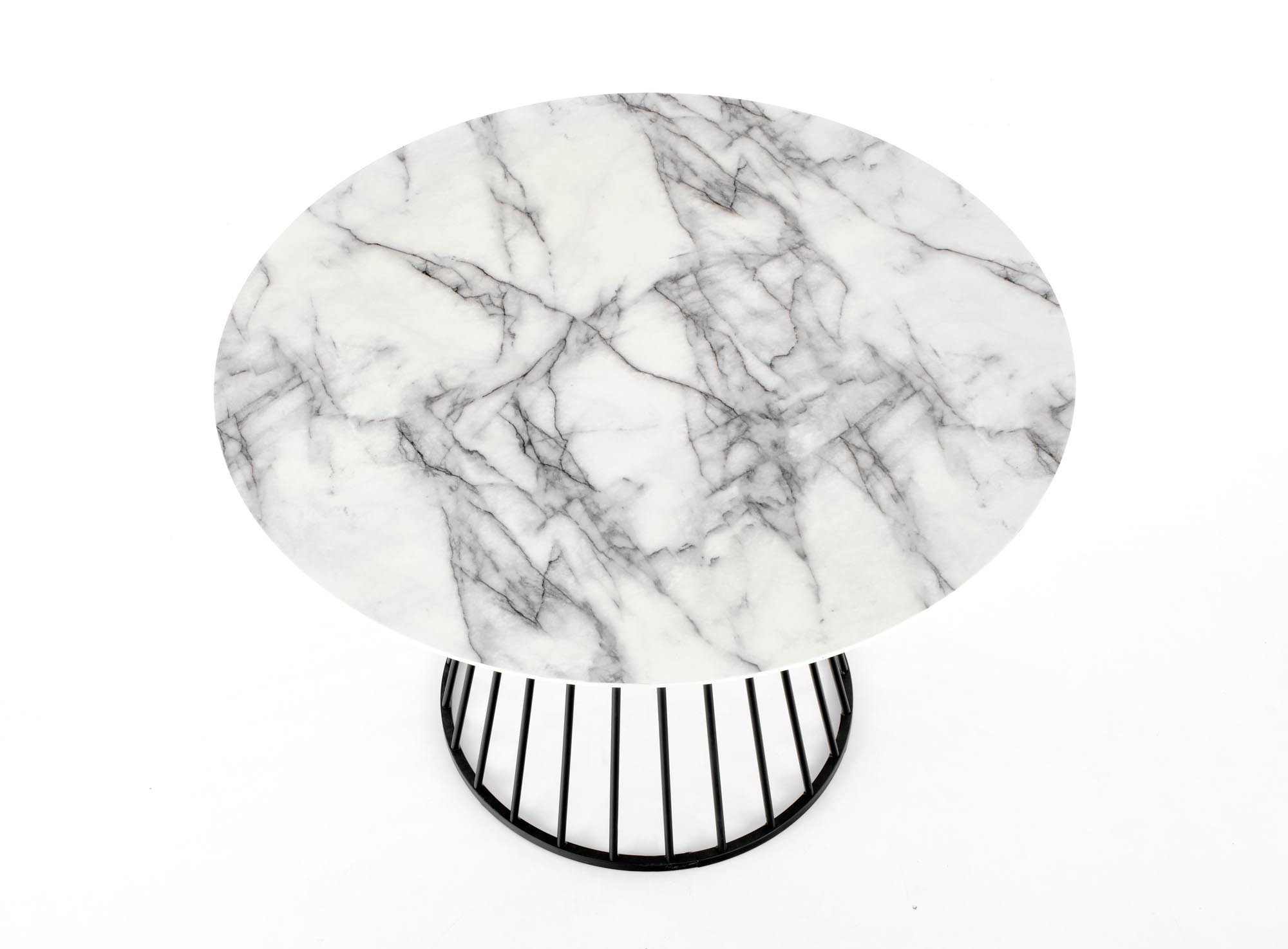 Stół z białym marmurowym blatem i czarną metalową nogą w formie stożka, widok z góry.