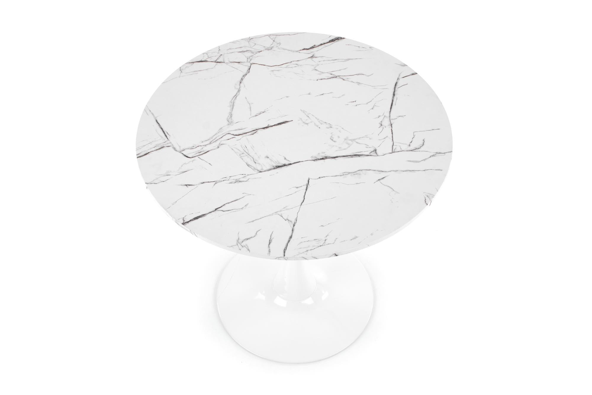 Okrągły stół DENVER o średnicy 80 cm z białym marmurowym blatem i białą podstawą, widok z góry.