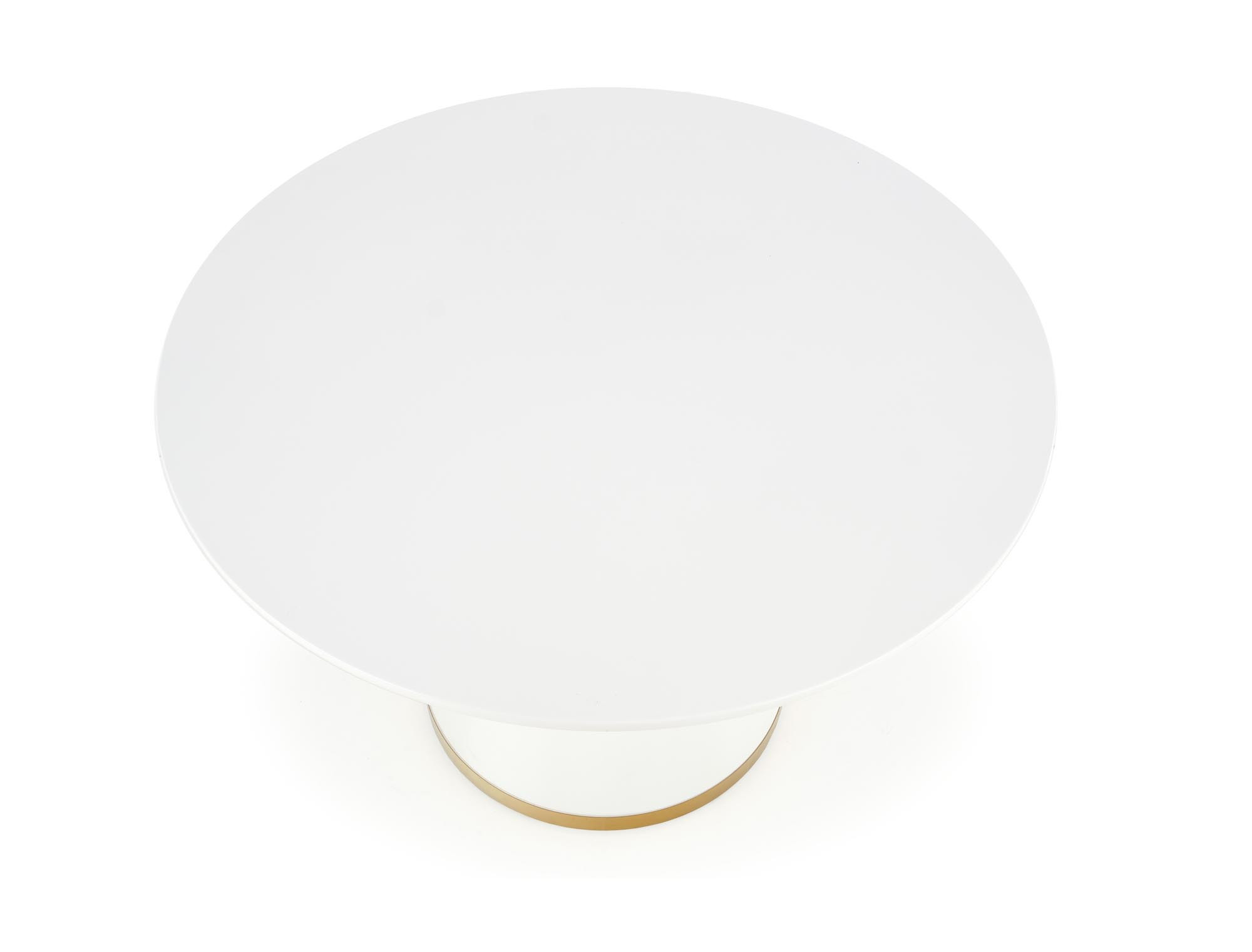 Widok z góry okrągłego stołu VEGAS z białym blatem i nogą z białym i złotym wykończeniem.