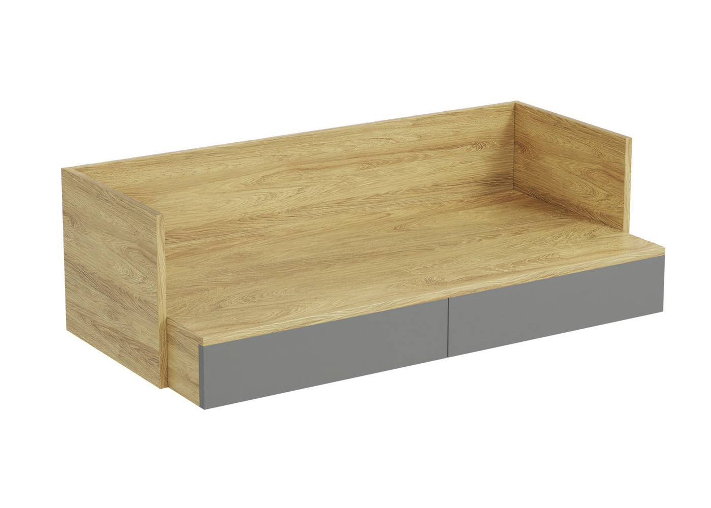 Szafka MOBIUS z naturalnej hikory z szarymi frontami – widok z przodu.