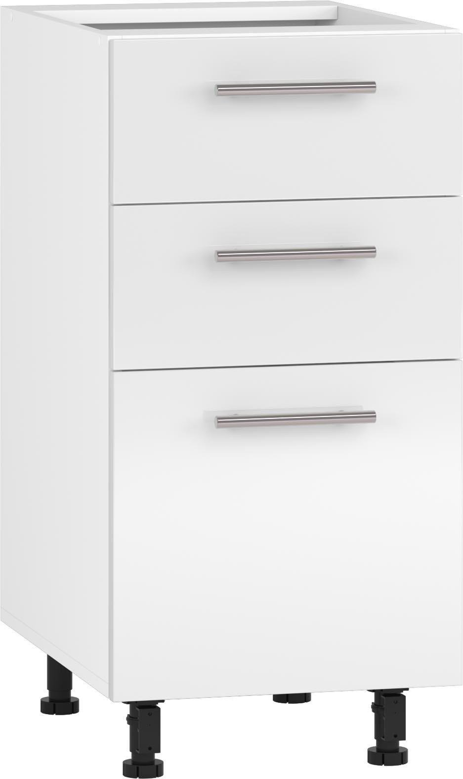 Szafka VENTO D3S 40 cm z trzema szufladami, biały połysk, widok z przodu.
