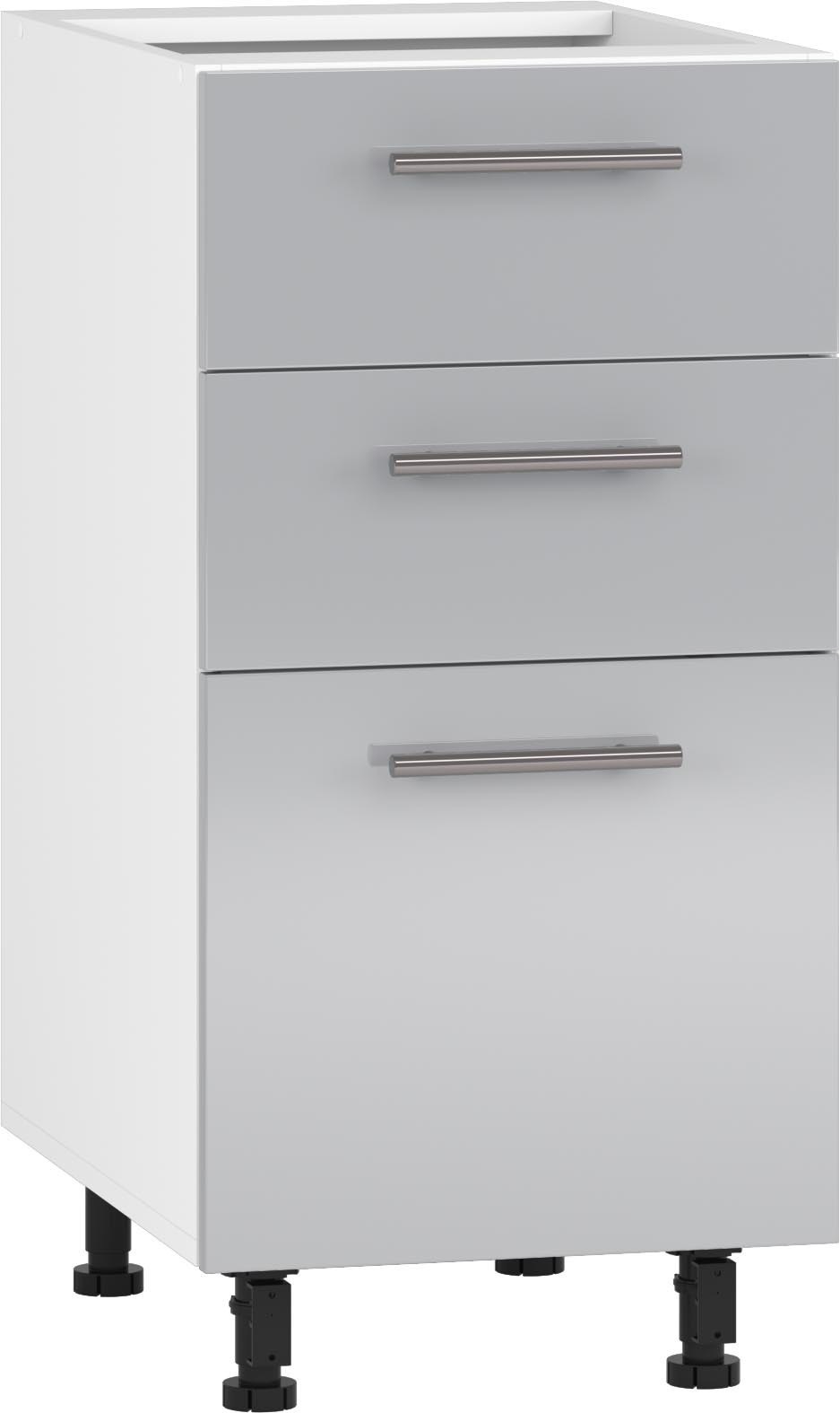 Szafka VENTO D3S 40 cm z trzema szufladami, biała i szara, widok z przodu.