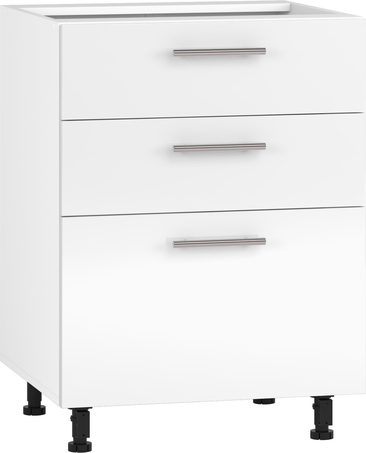 Szafka VENTO D3S 60 cm biała z trzema szufladami – widok z przodu.