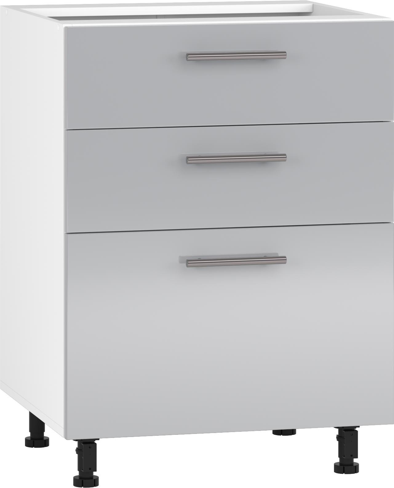 Szafka VENTO D3S 60cm z 3 szufladami, biały i popiel, połysk – widok z przodu.
