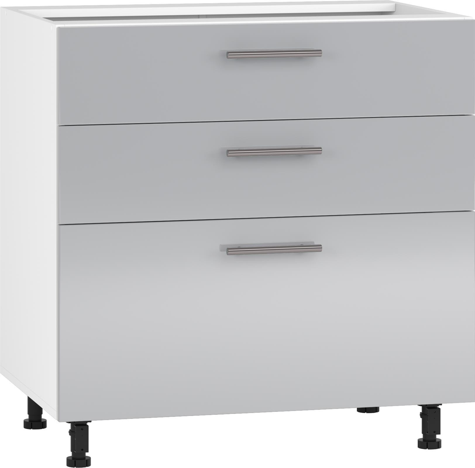 Dolna szafka VENTO D3S 80 cm jasny popiel, widok z przodu, trzy szuflady na metalowych uchwytach.