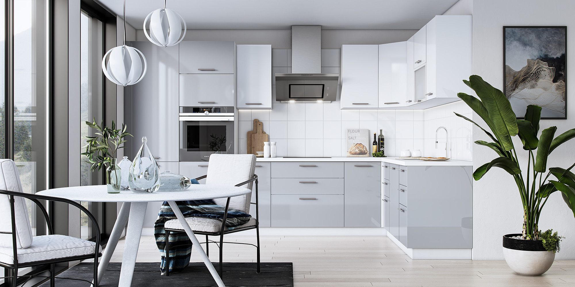 Przykładowa aranżacja kuchni wykonanej z szafek z serii VENTO z frontami górnymi w kolorze białym oraz frontami dolnymi w kolorze jasny popiel.