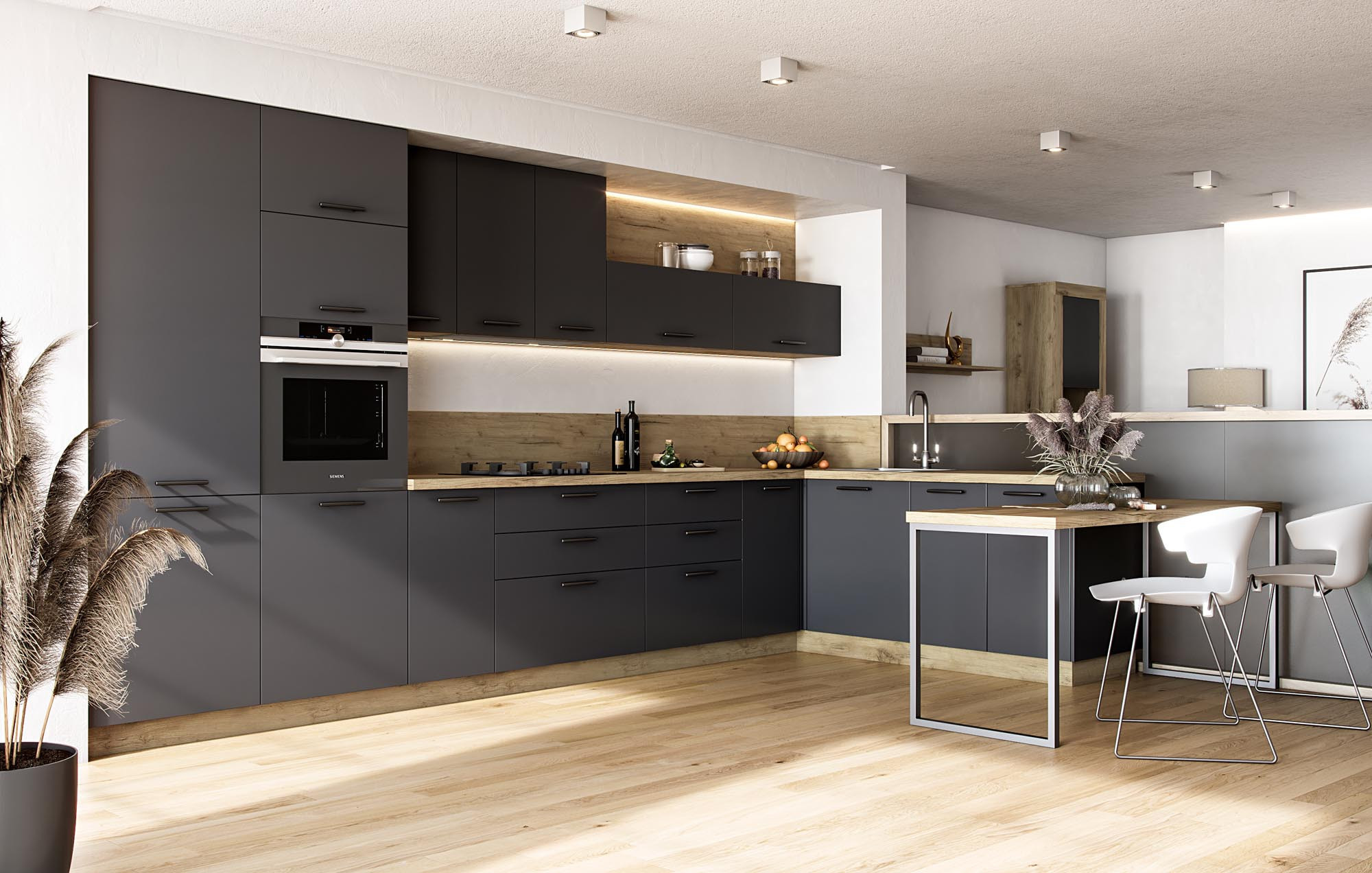 Przykładowa aranżacja kuchni wykonanej z szafek z serii VENTO z frontami górnymi w kolorze białym oraz frontami dolnymi w kolorze jasny popiel.