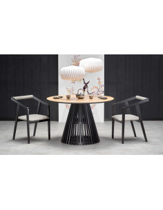 MIAYKI Stół Okrągły Fi120cm Dąb Naturalny na Designerskiej Czarnej Podstawie