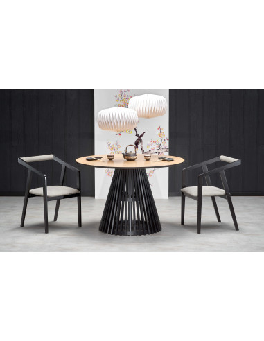 MIAYKI Stół Okrągły Fi120cm Dąb Naturalny na Designerskiej Czarnej Podstawie