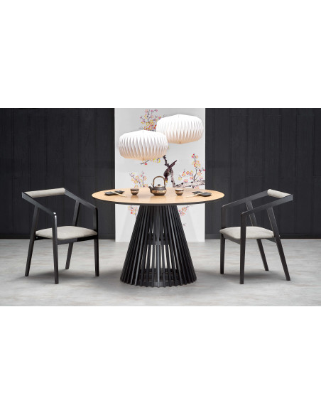 MIAYKI Stół Okrągły Fi120cm Dąb Naturalny na Designerskiej Czarnej Podstawie