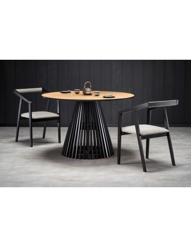 MIAYKI Stół Okrągły Fi120cm Dąb Naturalny na Designerskiej Czarnej Podstawie