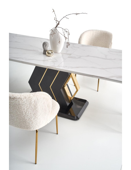 VINCENZO Stół Rozkładany 160-200cm Biały Marmur/Czarny/Złote Akcenty