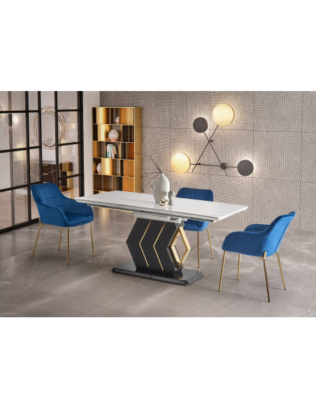 VINCENZO Stół Rozkładany 160-200cm Biały Marmur/Czarny/Złote Akcenty