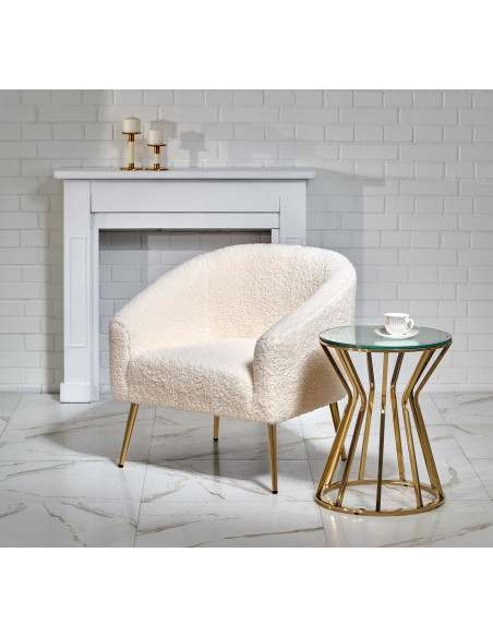GRIFON Fotel Kremowy Kubełkowy Bouclé, Nogi Złote - Luksus i Wygoda