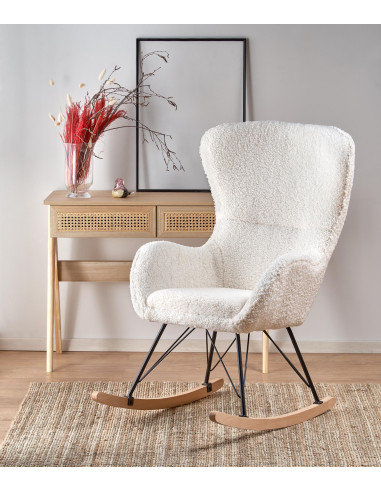 LIBERTO Fotel Bouclé Kremowy Bujany, Nogi Czarny/Naturalny - Klasa i Styl