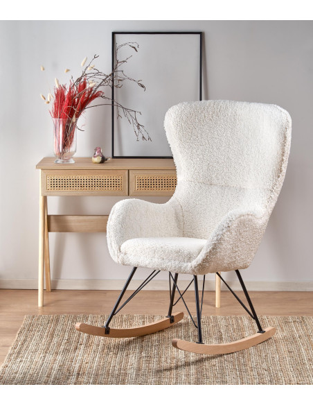 LIBERTO Fotel Bouclé Kremowy Bujany, Nogi Czarny/Naturalny - Klasa i Styl