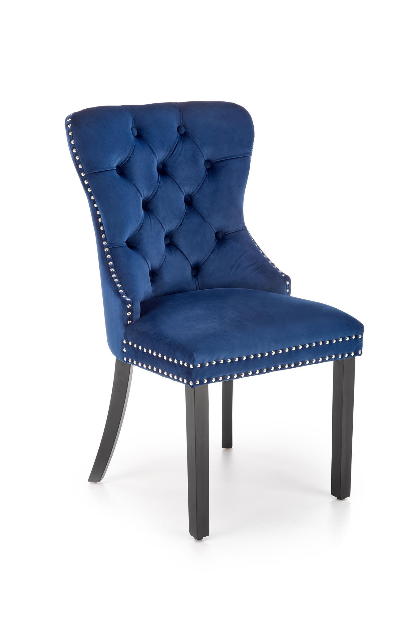 Granatowe krzesło velvet MIYA z czarnymi drewnianymi nogami – widok z przodu.