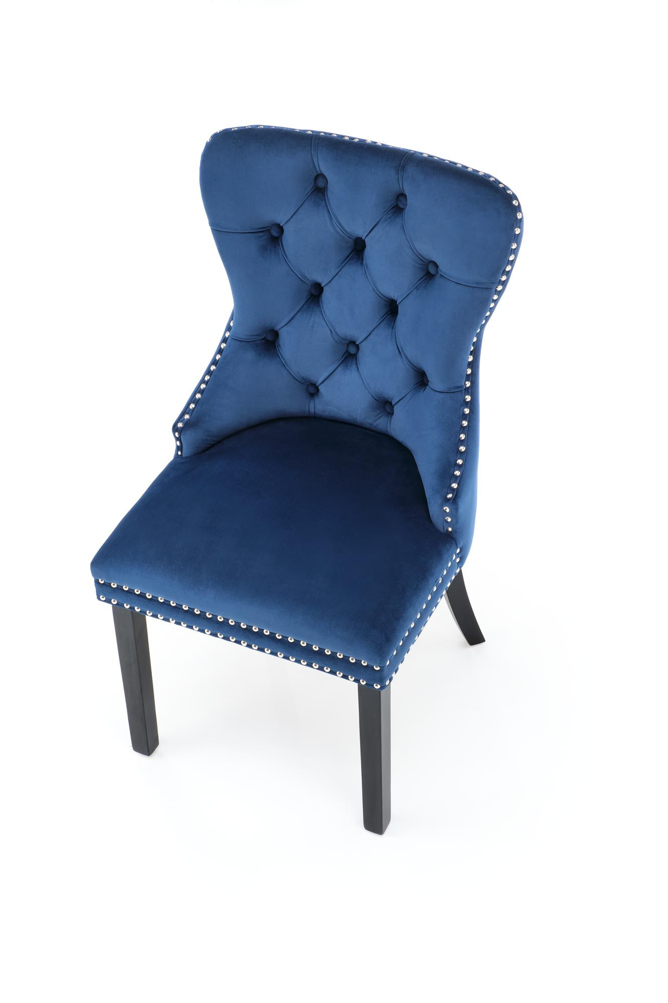 Granatowe krzesło velvet MIYA z czarnymi drewnianymi nogami – widok z góry.