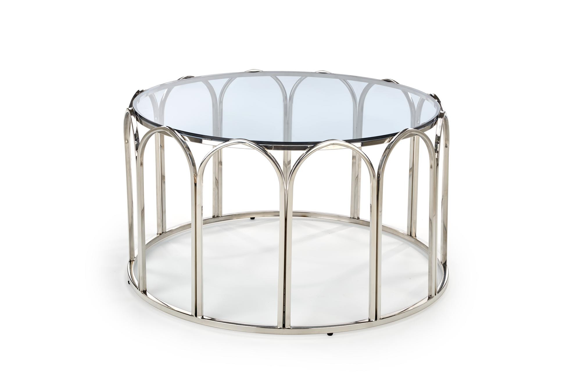 Okrągła ława OLIVIA z dymionego szkła i metalową podstawą – zdjęcie z przodu.