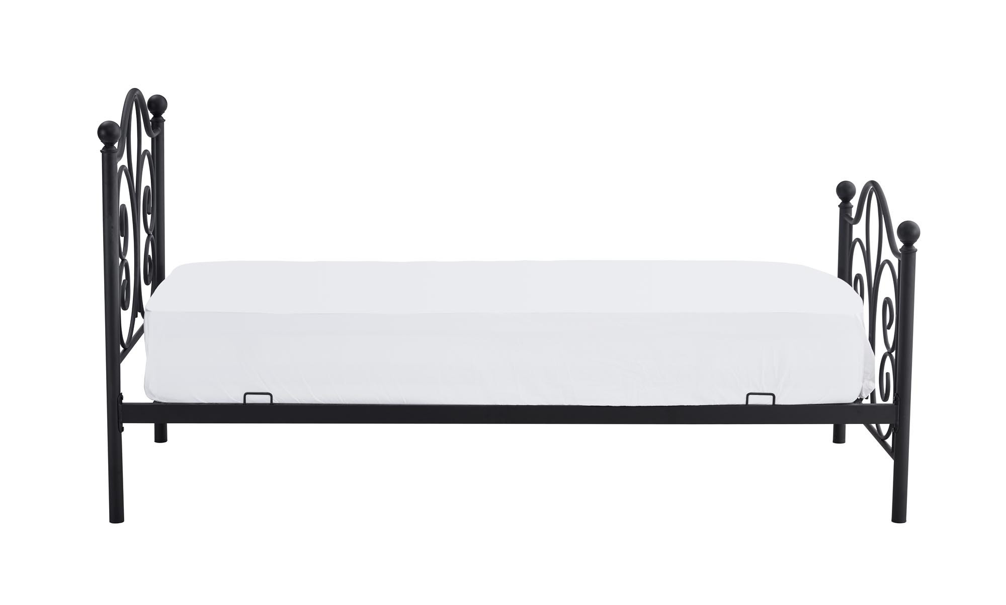 Czarne stalowe łóżko PANAMA 90 cm z ozdobnymi elementami na zagłówku i zanóżku – widok z boku.