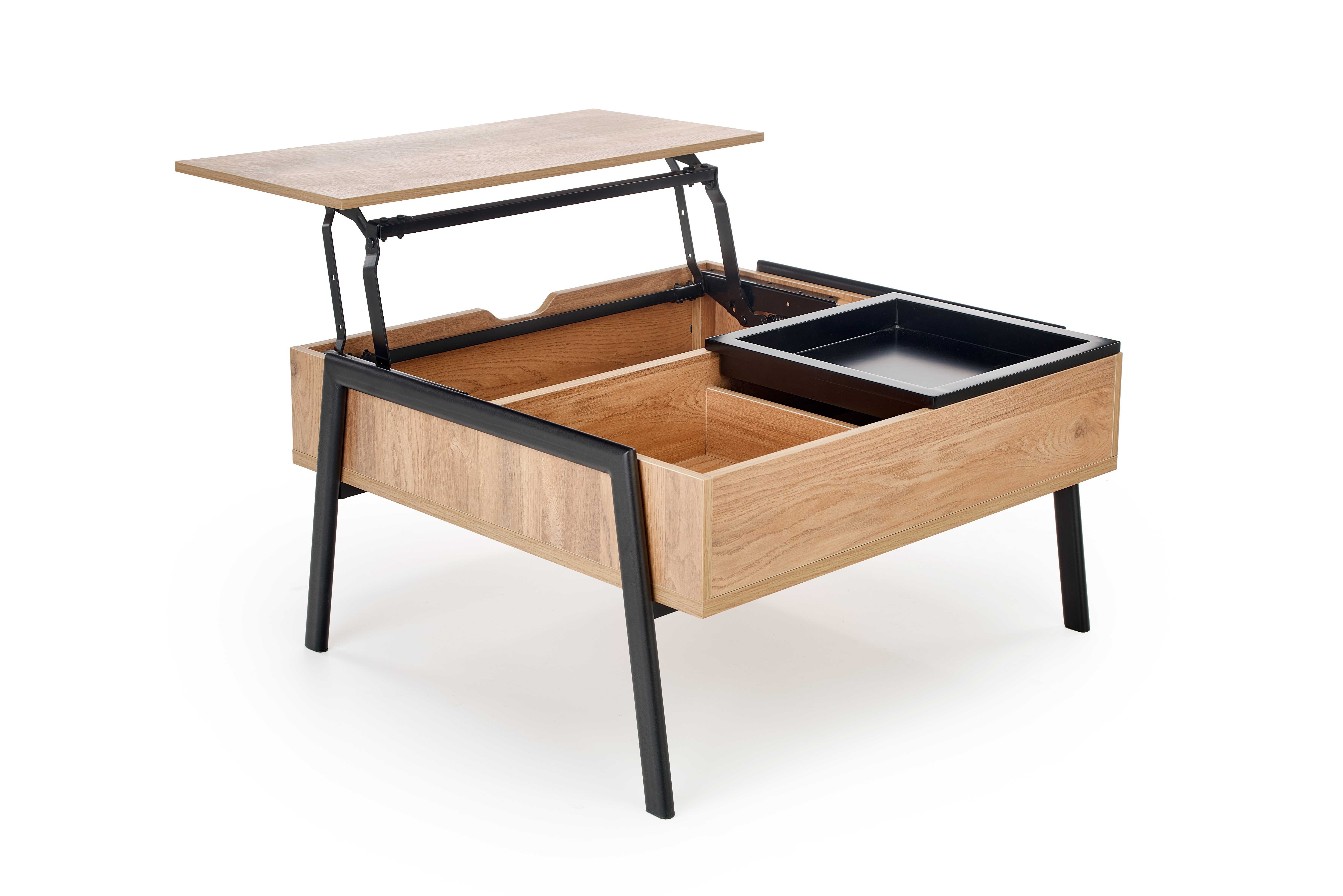 Regulowana ława PODIUM z naturalnym blatem i czarnymi nogami – zdjęcie z boku.