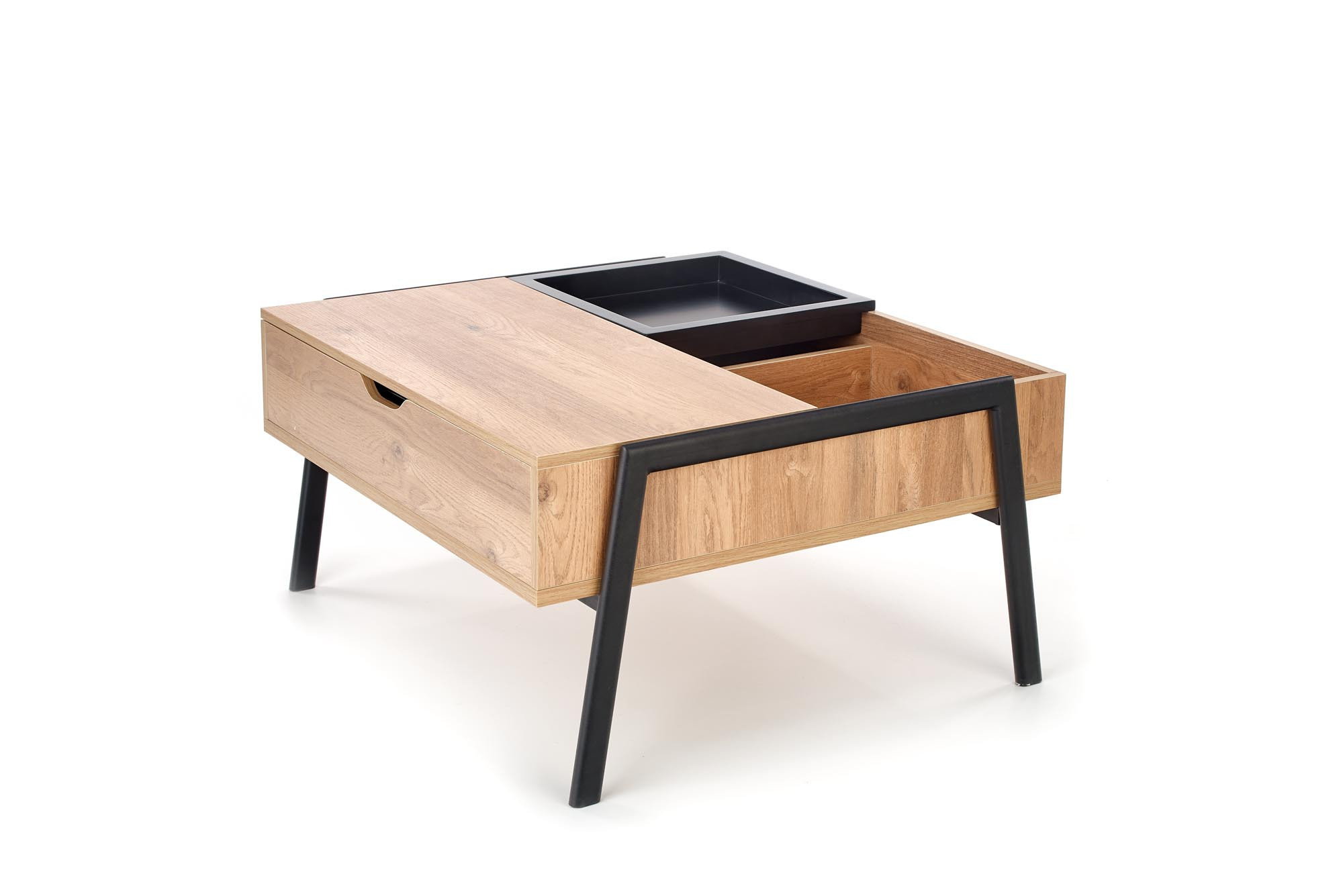 Regulowana ława PODIUM z naturalnym blatem i czarnymi nogami – widok z boku.