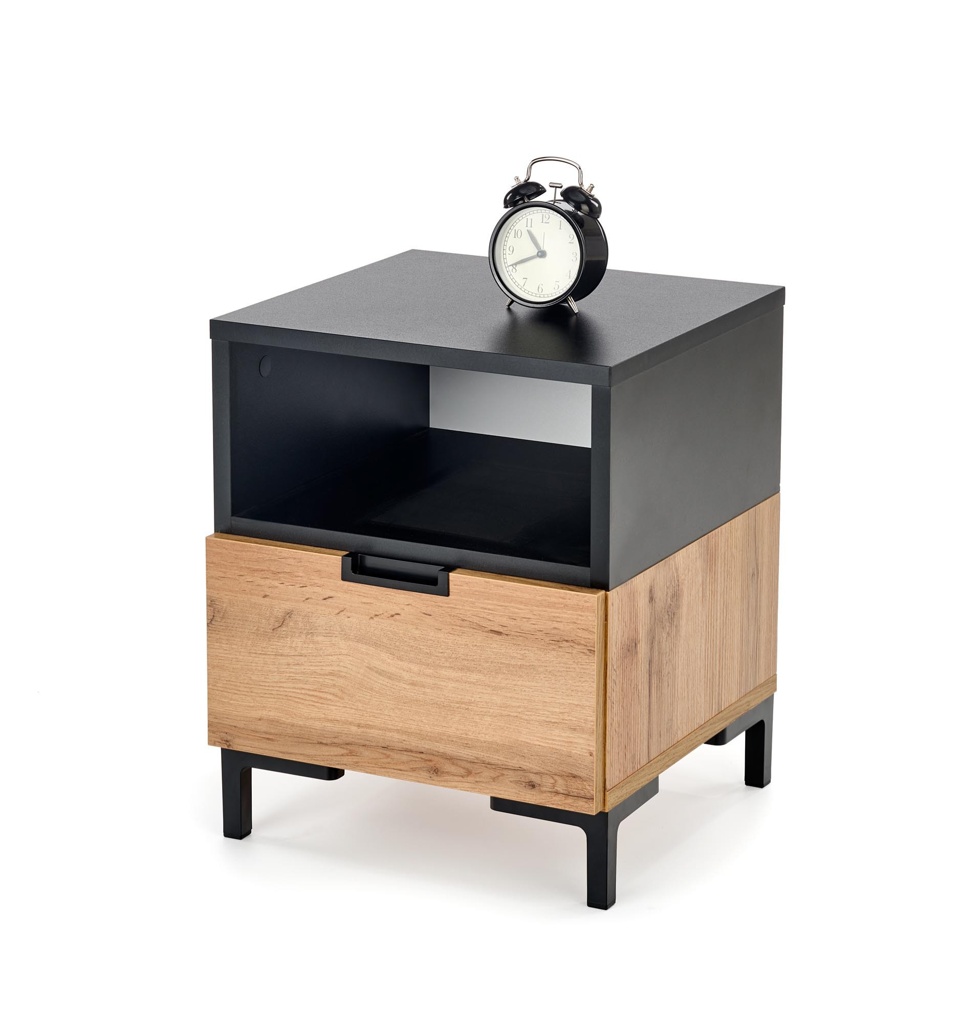 Szafka SILVIA z dębu Wotan i czarnego metalu z jedną szufladą i półką, widok z przodu.