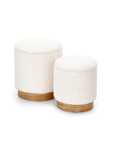 CANCUN Zestaw 2 Okrągłych Puf z Pojemnikiem fi38cm i fi31cm Bouclé Krem