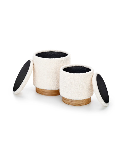 CANCUN Zestaw 2 Okrągłych Puf z Pojemnikiem fi38cm i fi31cm Bouclé Krem