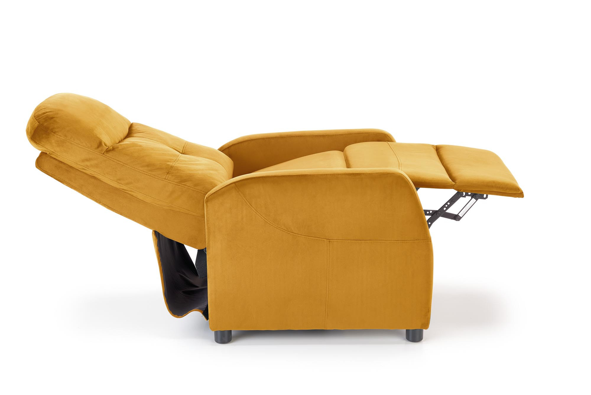 Boczny widok rozkładanego fotela AURELIO2 w musztardowym kolorze velvet.