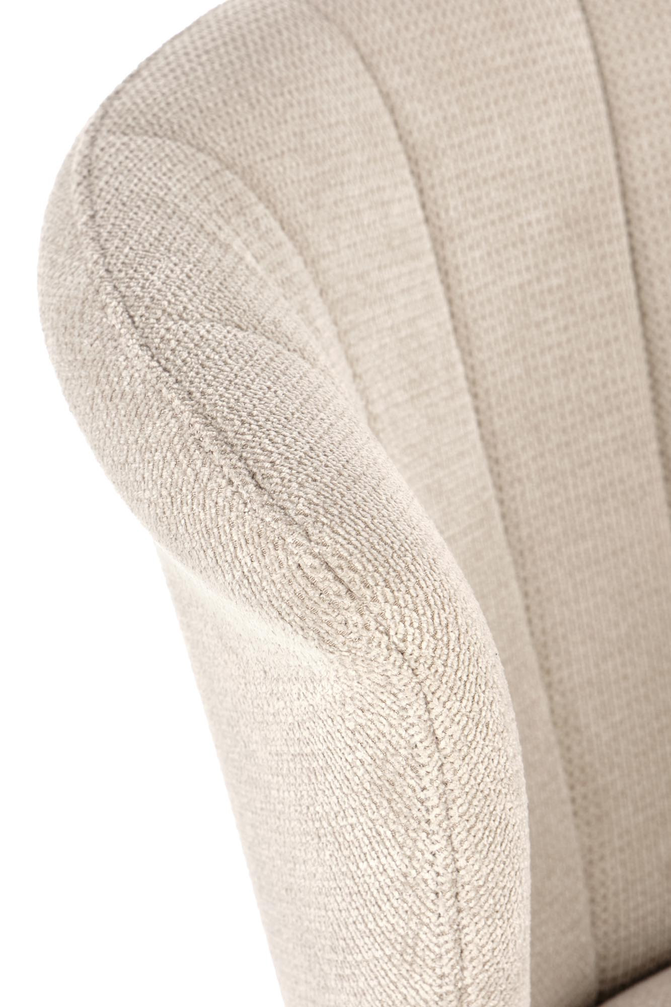 Zbliżenie na tapicerowane oparcie beżowego krzesła K459 z teksturowaną tkaniną.