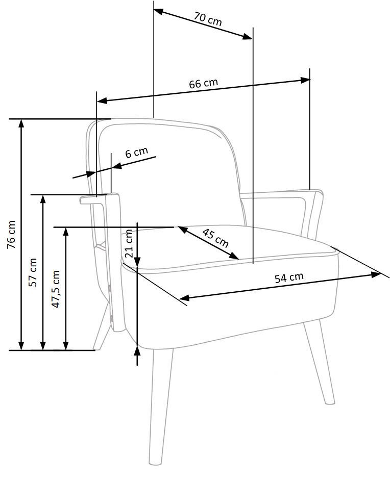 Wymiarowanie jasnobeżowego fotela PASTORE z drewnianymi elementami – widok z boku.