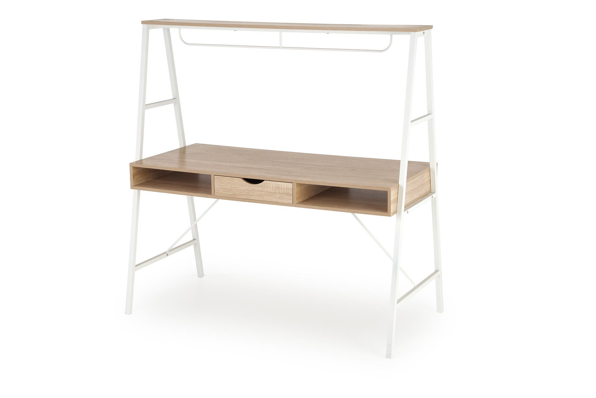 Dwustanowiskowe biurko B48 w kolorze dąb sonoma i białym, widok z przodu.