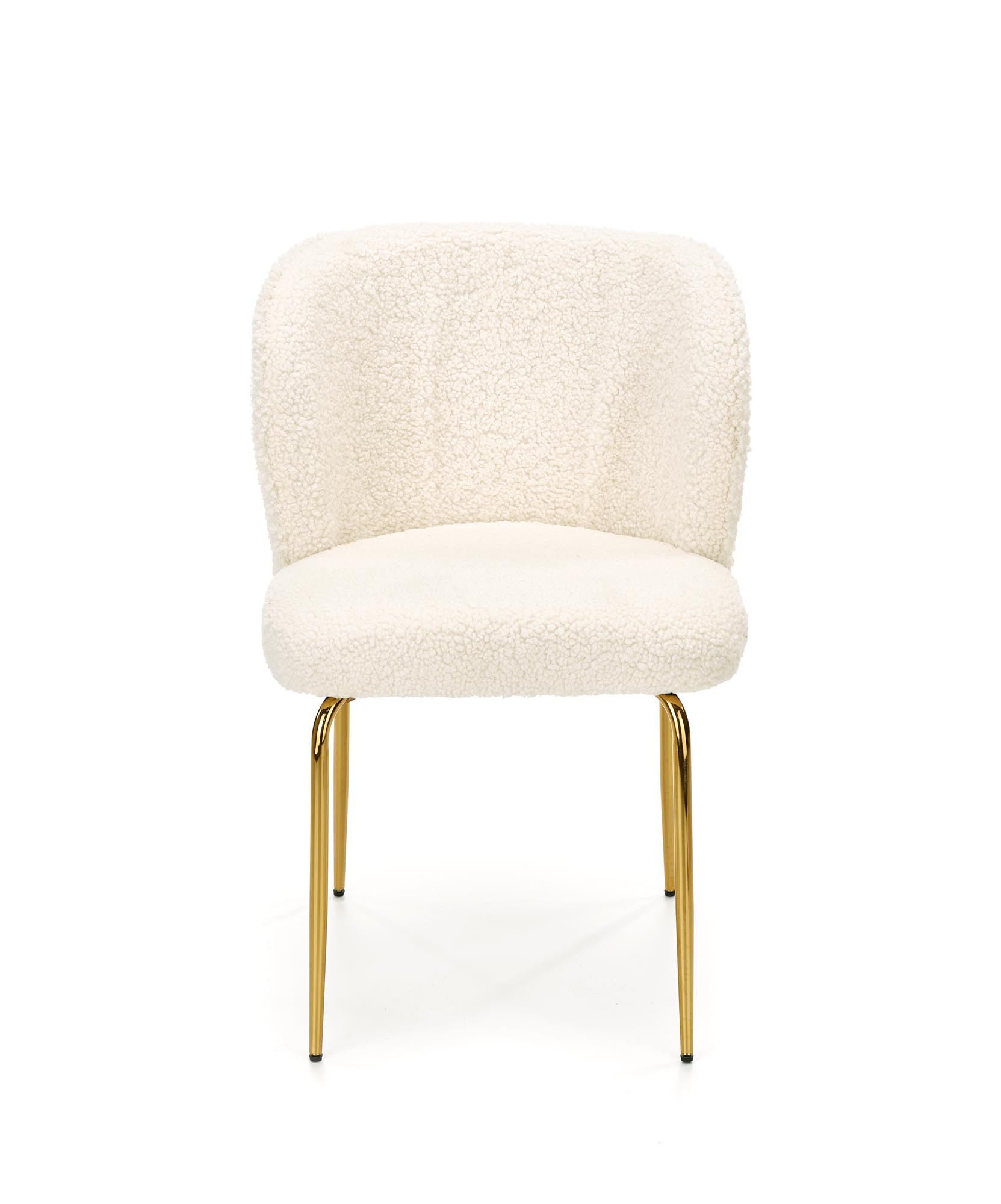 Kremowe krzesło K474 z tkaniny bouclé i złotymi nogami – widok z przodu.