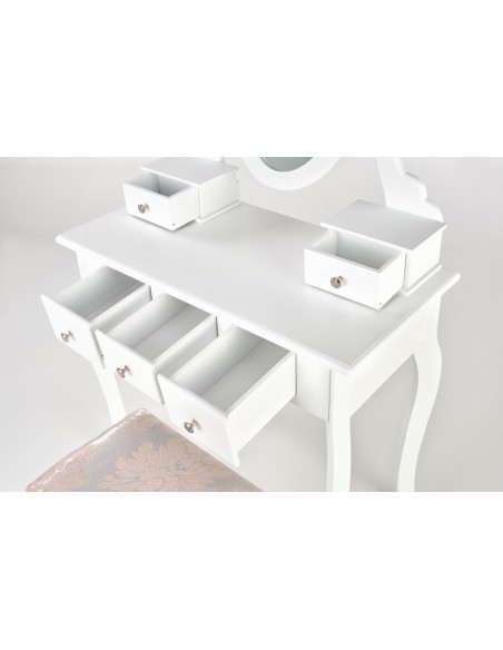 SARA Konsolka Biała z Lustrem, Szufladami oraz Siedziskiem - Funkcjonalne