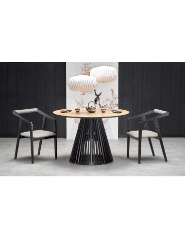 MIAYKI Stół Okrągły Fi120cm Dąb Naturalny na Designerskiej Czarnej Podstawie