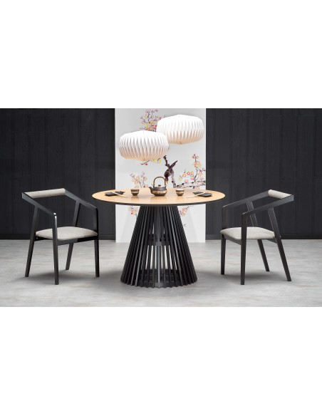 MIAYKI Stół Okrągły Fi120cm Dąb Naturalny na Designerskiej Czarnej Podstawie