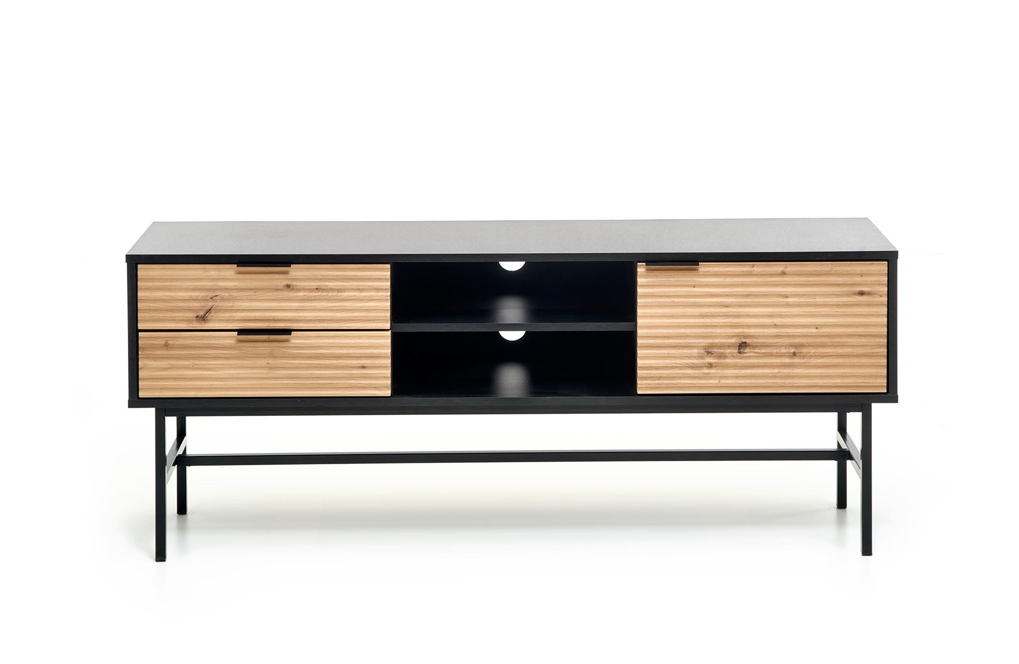 Stolik RTV MURANO dąb artisan i czarny, widok z przodu, z półkami i szufladami.