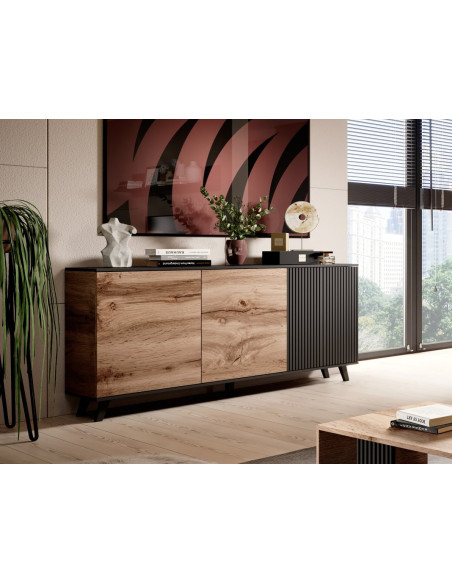 RANDOM KM-1 Komoda Dąb Wotan/Czarny 160x82cm - Nowoczesne Przechowywanie