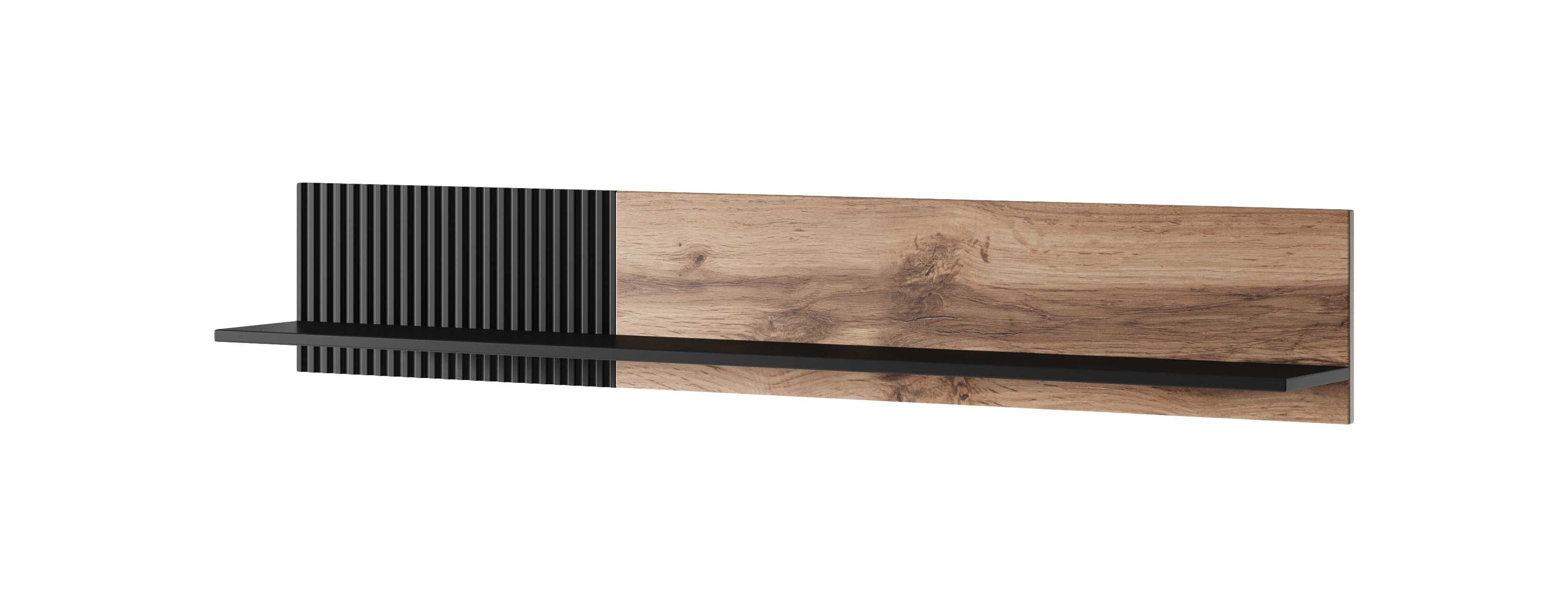 Wisząca półka RANDOM P-1, dąb wotan/czarny, 150x25 cm, widok z przodu.