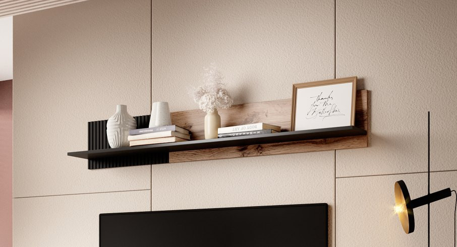 Wisząca półka RANDOM P-1, dąb wotan/czarny, 150x25 cm, z dekoracjami, widok z przodu.
