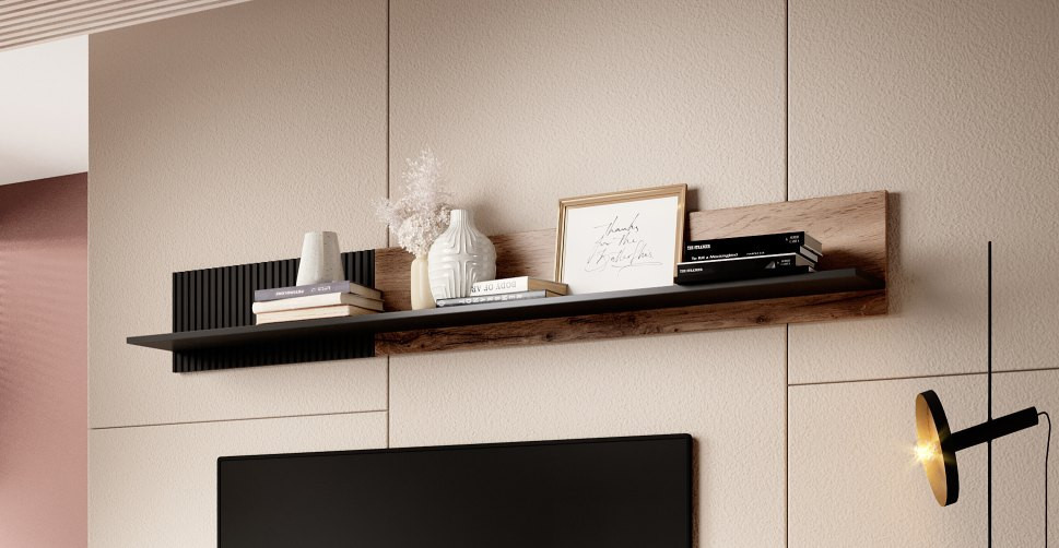 Stylowa półka wisząca RANDOM P-2 dąb wotan/czarny z dekoracjami – widok z przodu.