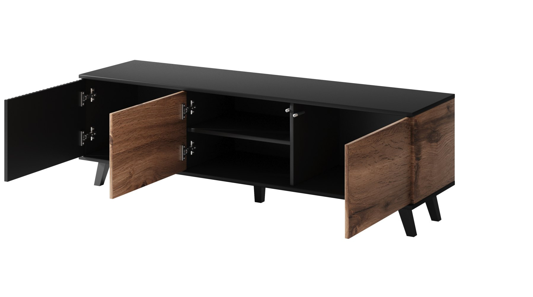 Otwarty stolik RTV RANDOM z dębu wotan i czerni, z trzema szafkami i półką – widok z przodu.