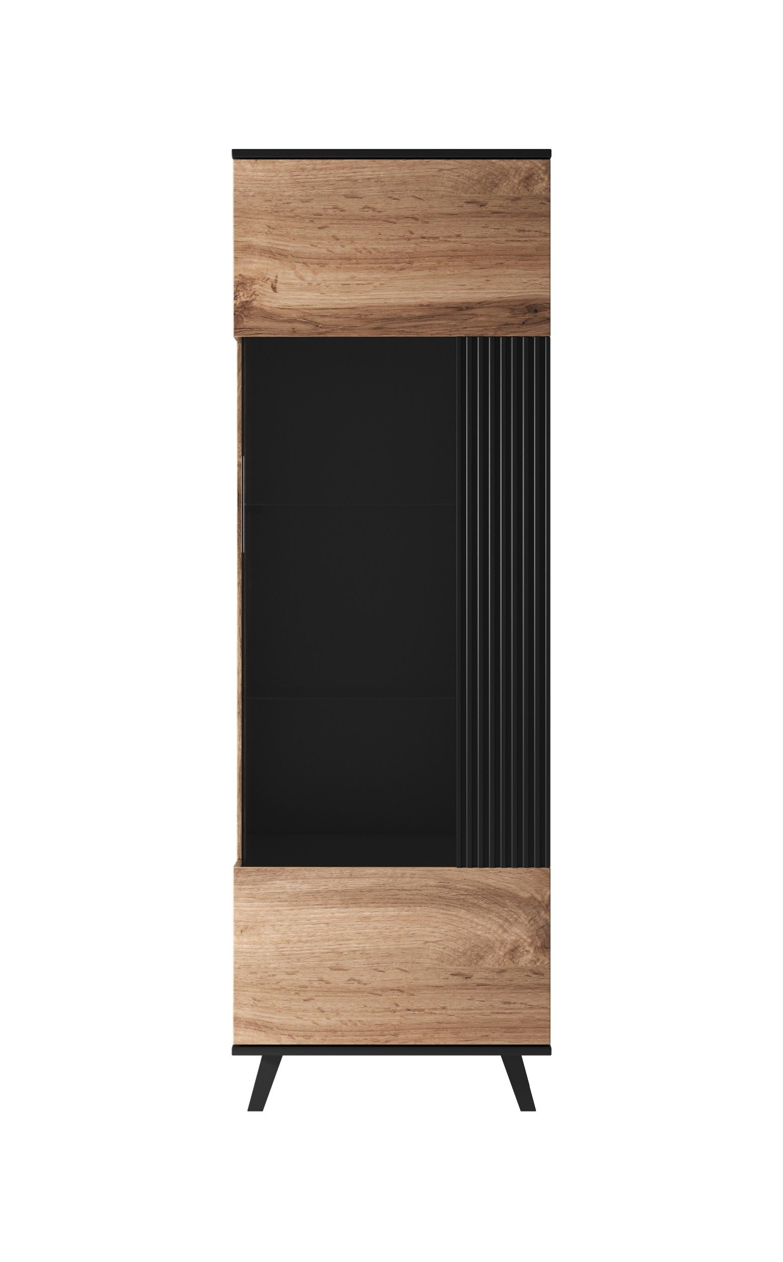 Witryna RANDOM dąb Wotan i czarny – zdjęcie z przodu, przeszklone drzwi, czarne nogi.