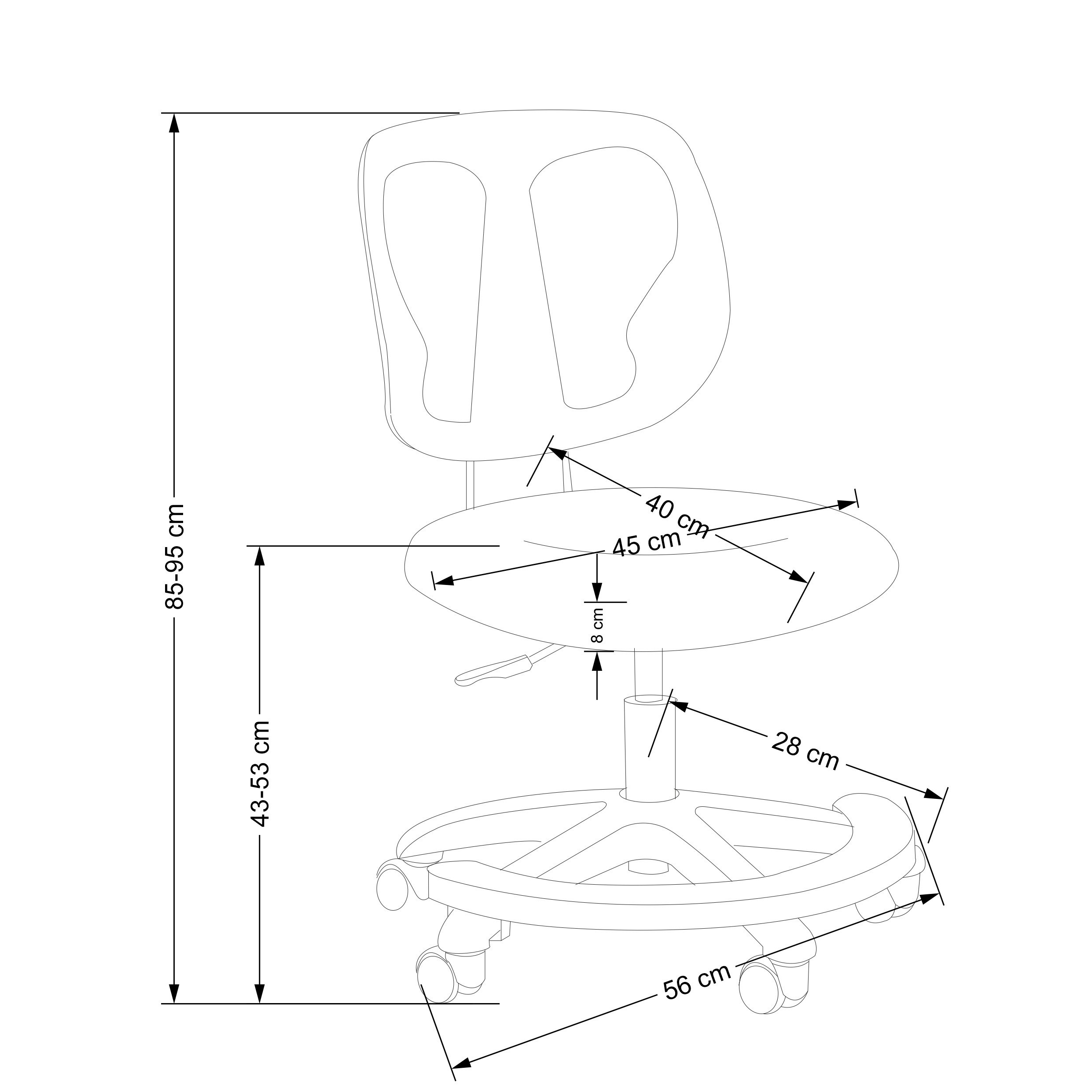 Wymiarowanie różowego fotela CREATIVE z czarną podstawą – widok z boku.
