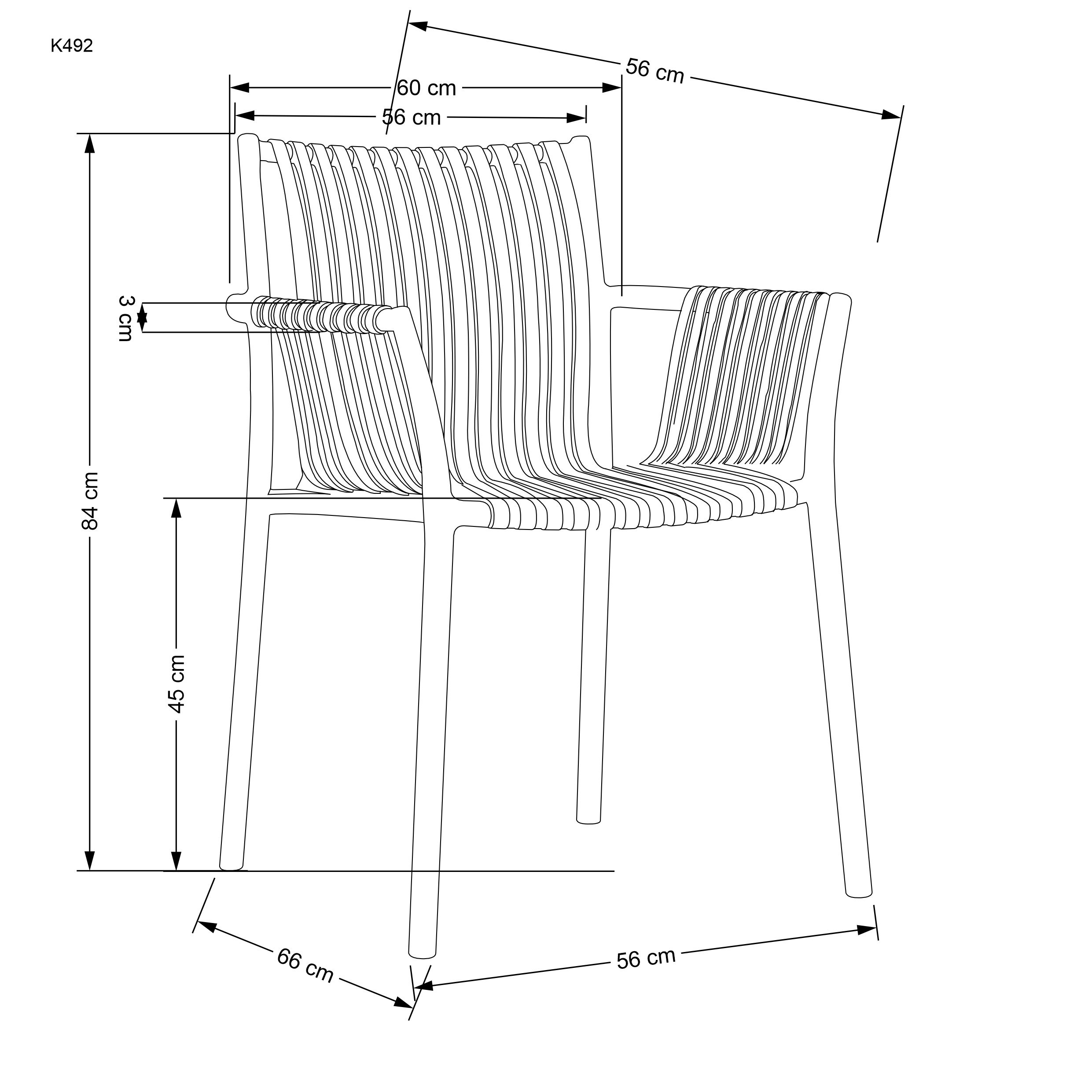 Wymiarowanie białego krzesła K492 z polipropylenu – widok z boku.