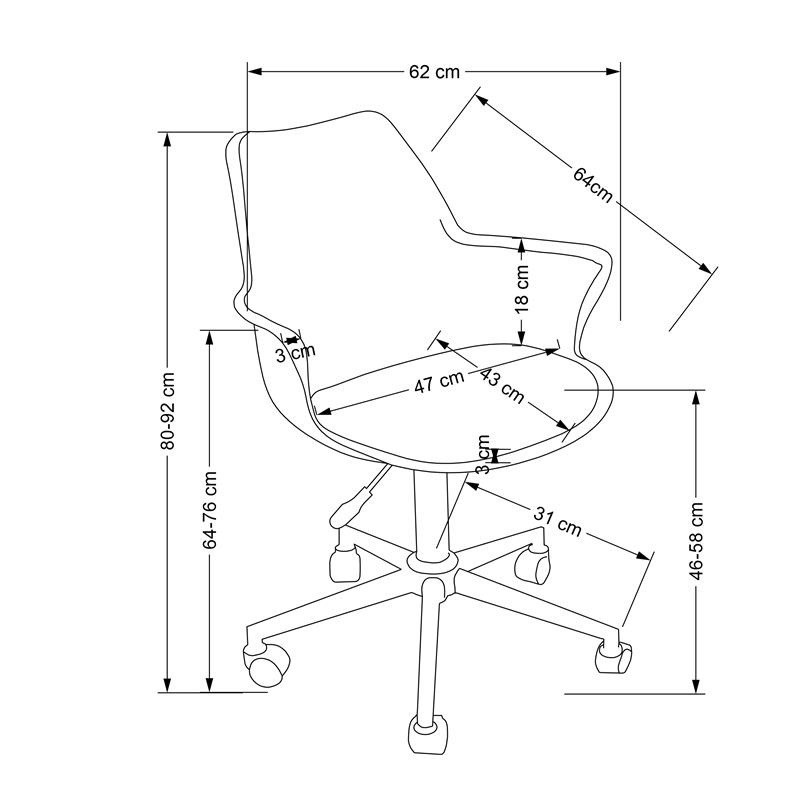 Wymiarowanie różowego fotela GASLY z polipropylenu i eko skóry – widok z boku.