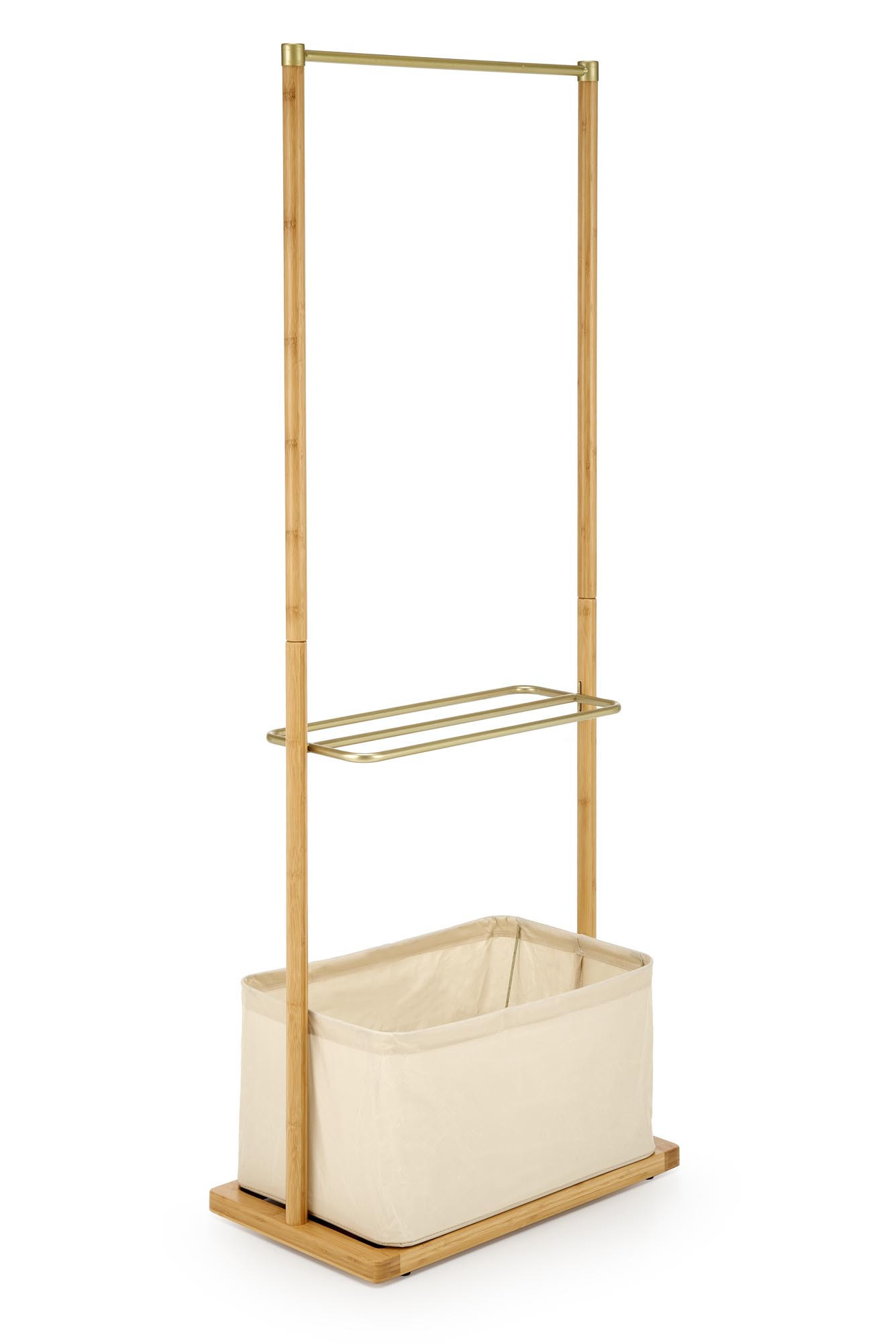 Wieszak WU-31 z naturalnego drewna bambusowego i stalą, beżowy, widok z przodu.